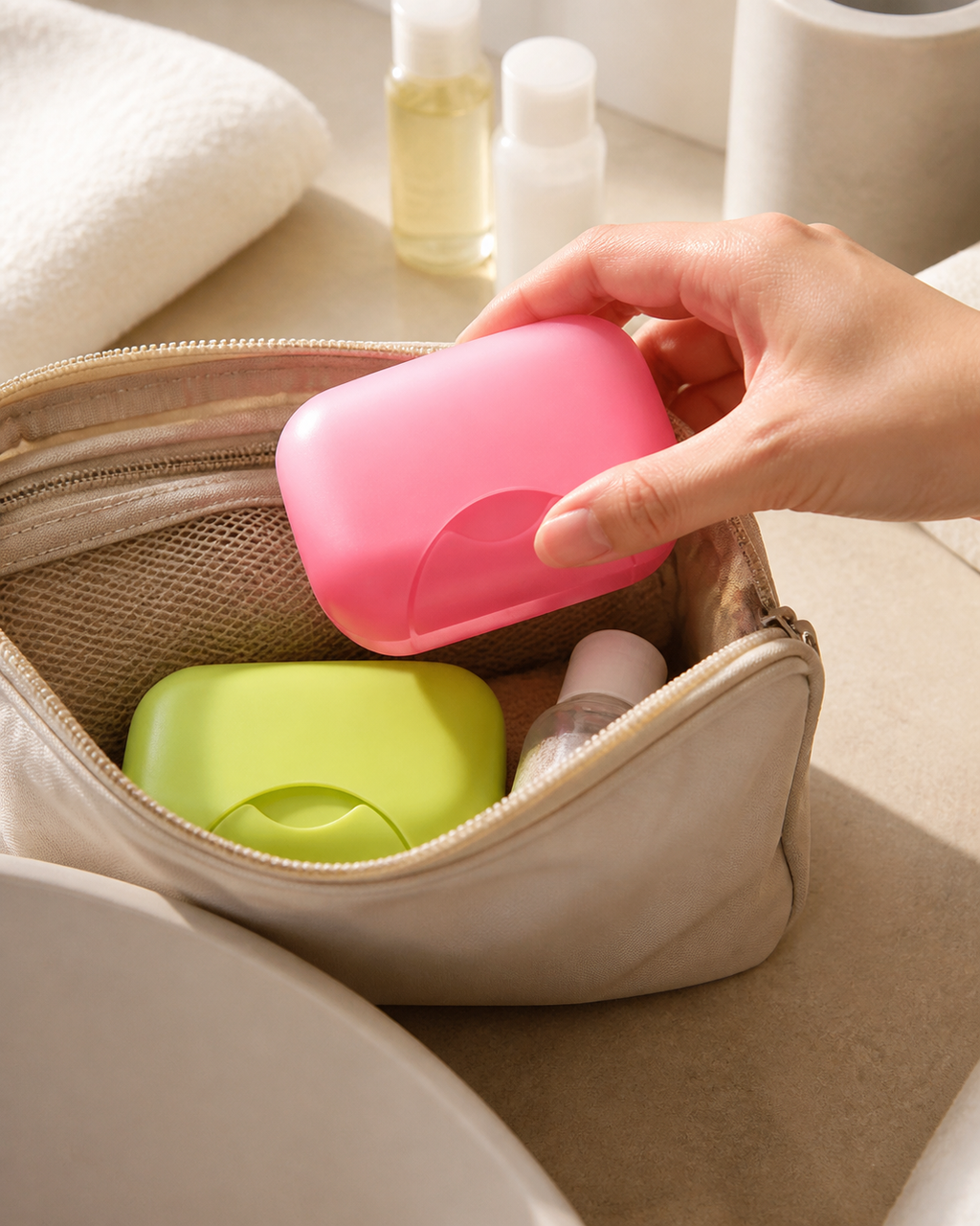 Boîte à savon de voyage rangée dans une trousse de toilette