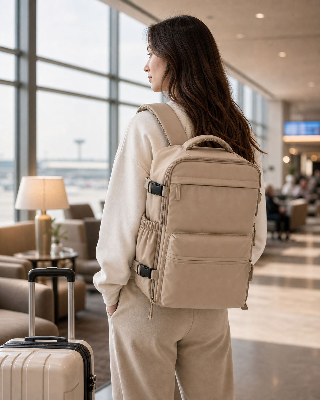 Sac à dos cabine beige à compression sous vide porté en aéroport
