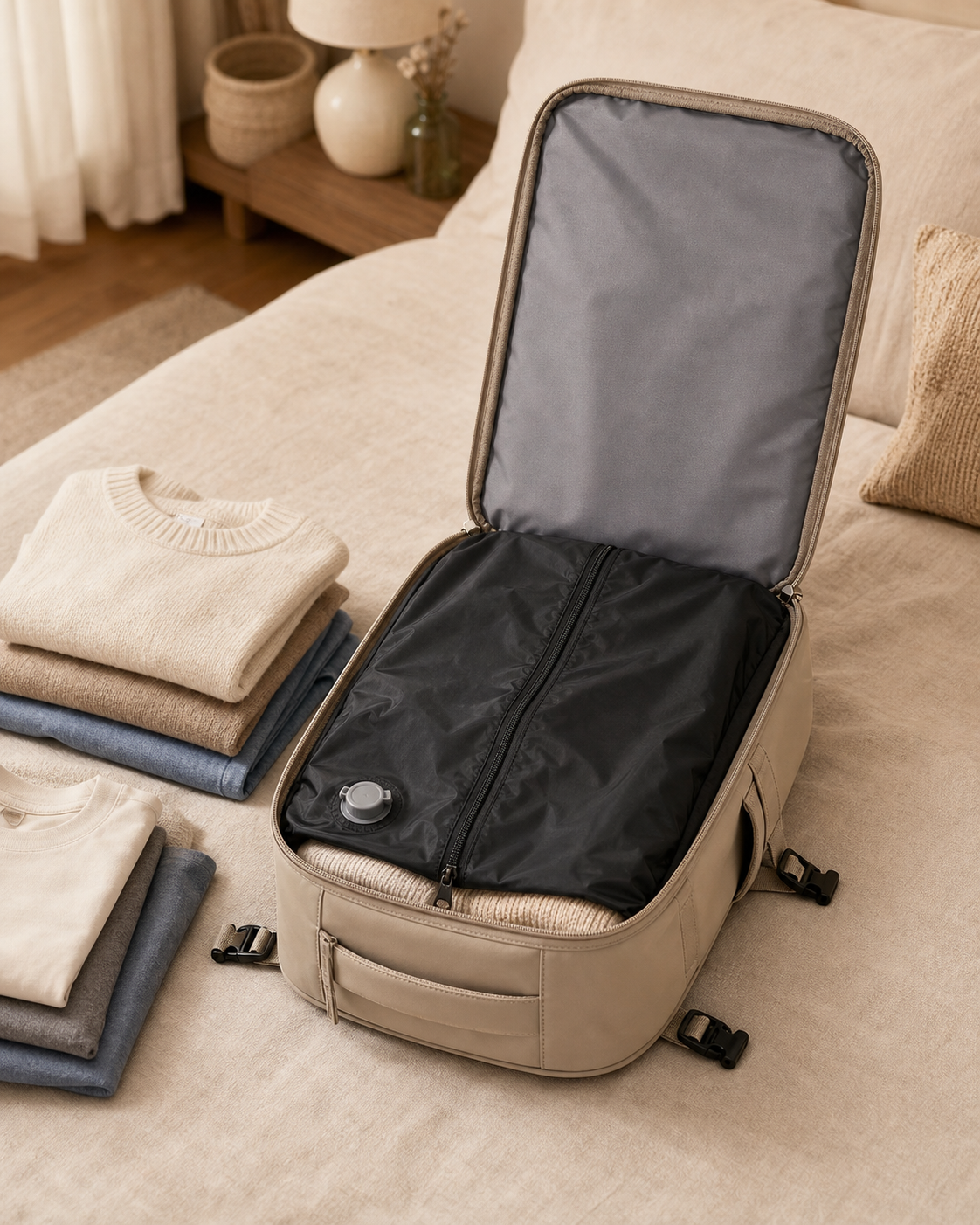 Sac à dos cabine ouvert avec poche de compression sous vide et valve intérieure