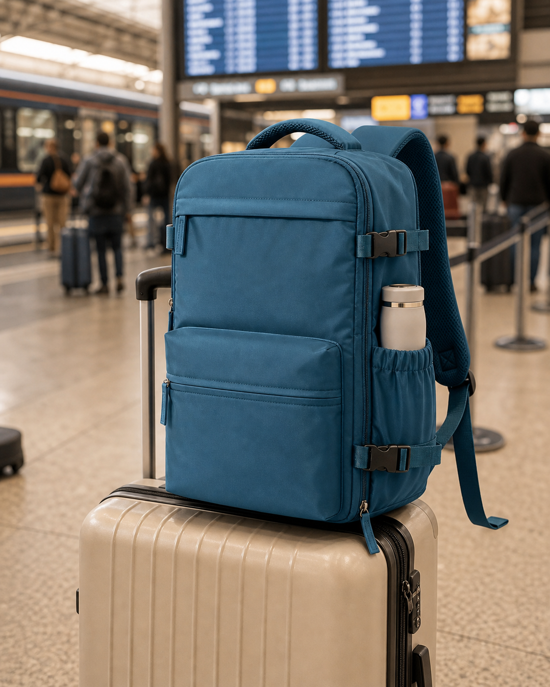 Sac à dos cabine bleu paon posé sur une valise en gare ou aéroport